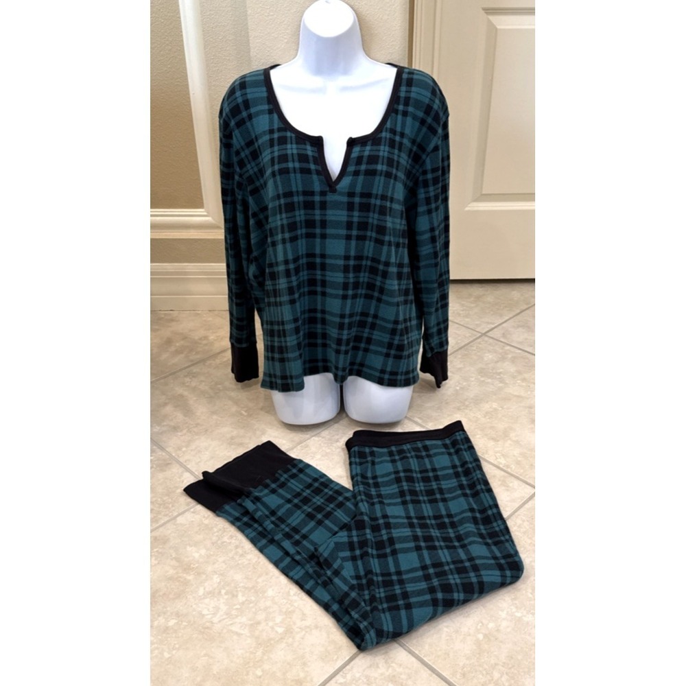 Victoria's Secret Thermal Long Pajama Set Green Black Plaid Sz XXL Cozy Comfort